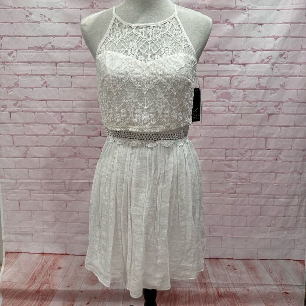 BCX Womens White Lace Halter Dress Crochet Waist Gauze Skirt Size 9 1161YSC